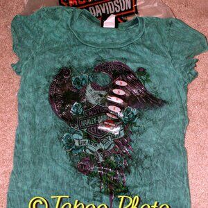 NWT HARLEY DAVIDSON *Winged Beauty* Aqua Green Mineral Wash Tee Shirt Top Small